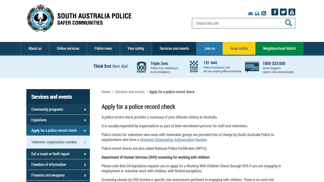 SAPOL - Apply for a police record check